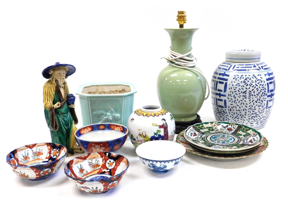 A group of Chinese ceramics, including a Sancai figure of a pheasant, Cantonese famille rose porcela