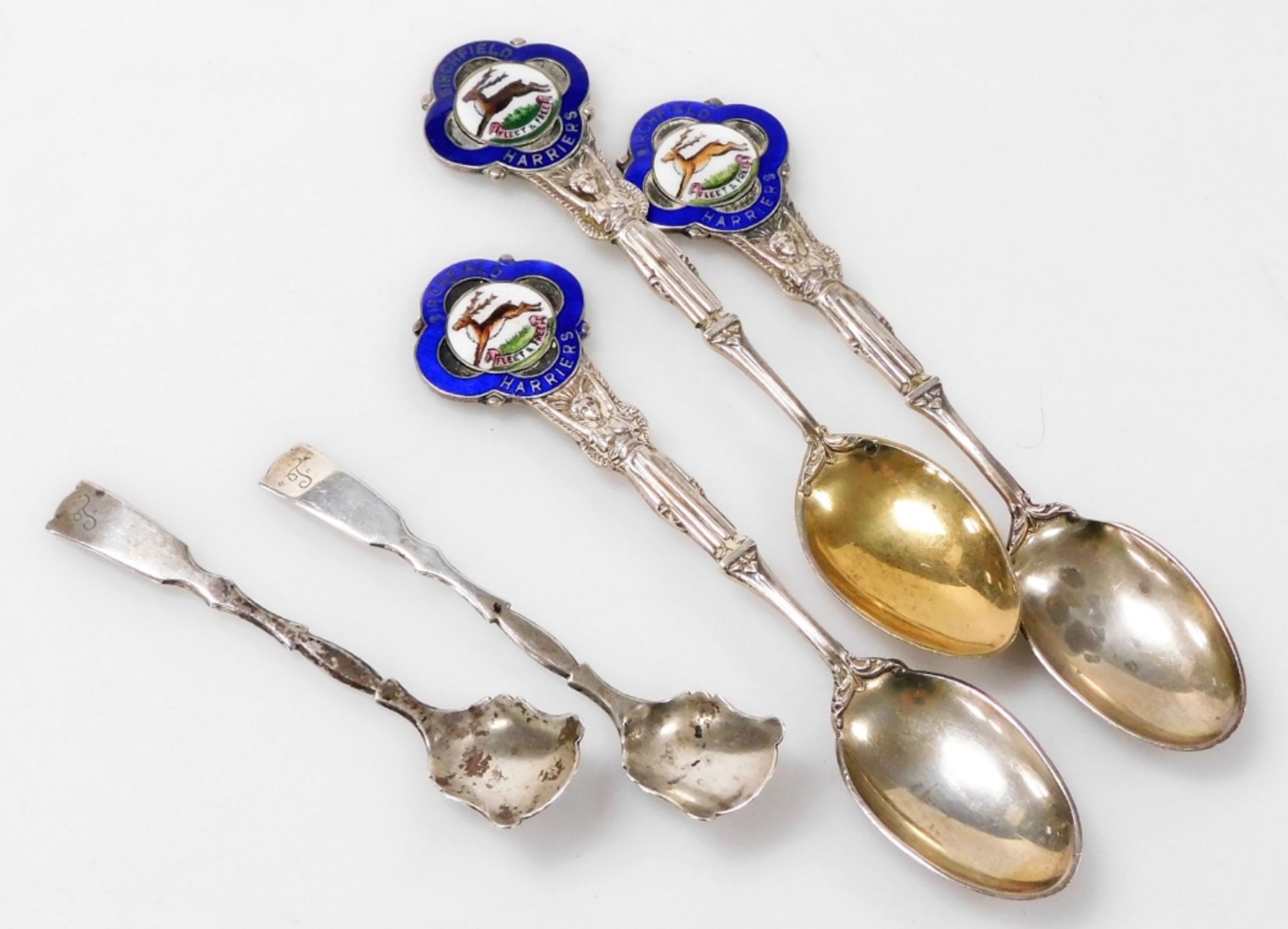 A set of three George V silver and enamel teaspoons, commemorating the Birchfield Harriers, Alexande