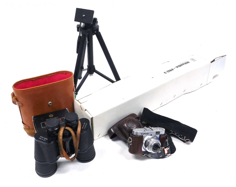 A Voigtlander Vito B camera, with a Skopar 1:3 5/50 lens, Miranda Titan 202 tripod, compact video li