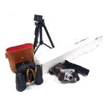 A Voigtlander Vito B camera, with a Skopar 1:3 5/50 lens, Miranda Titan 202 tripod, compact video li