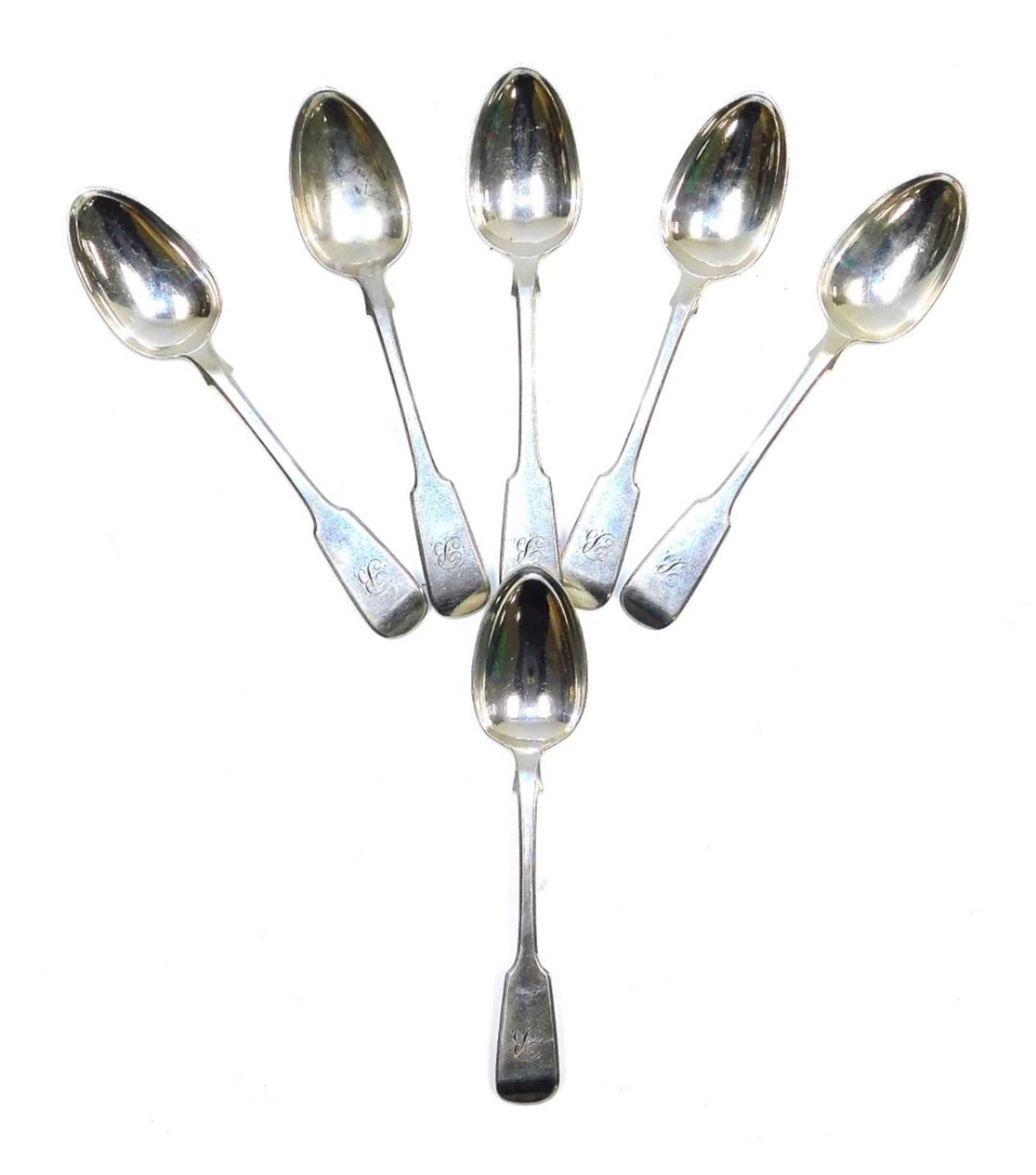 A set of six William IV silver fiddle pattern teaspoons, initial engraved, William Eaton, London 183