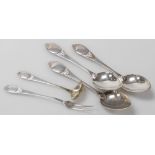 Five items of Meyer & Christian Heise Danish silver tableware, each handle cast with a roundel and l