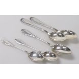 A pair of Danish silver tablespoons, together with a set of three Meyer spoons with a beaded and loz