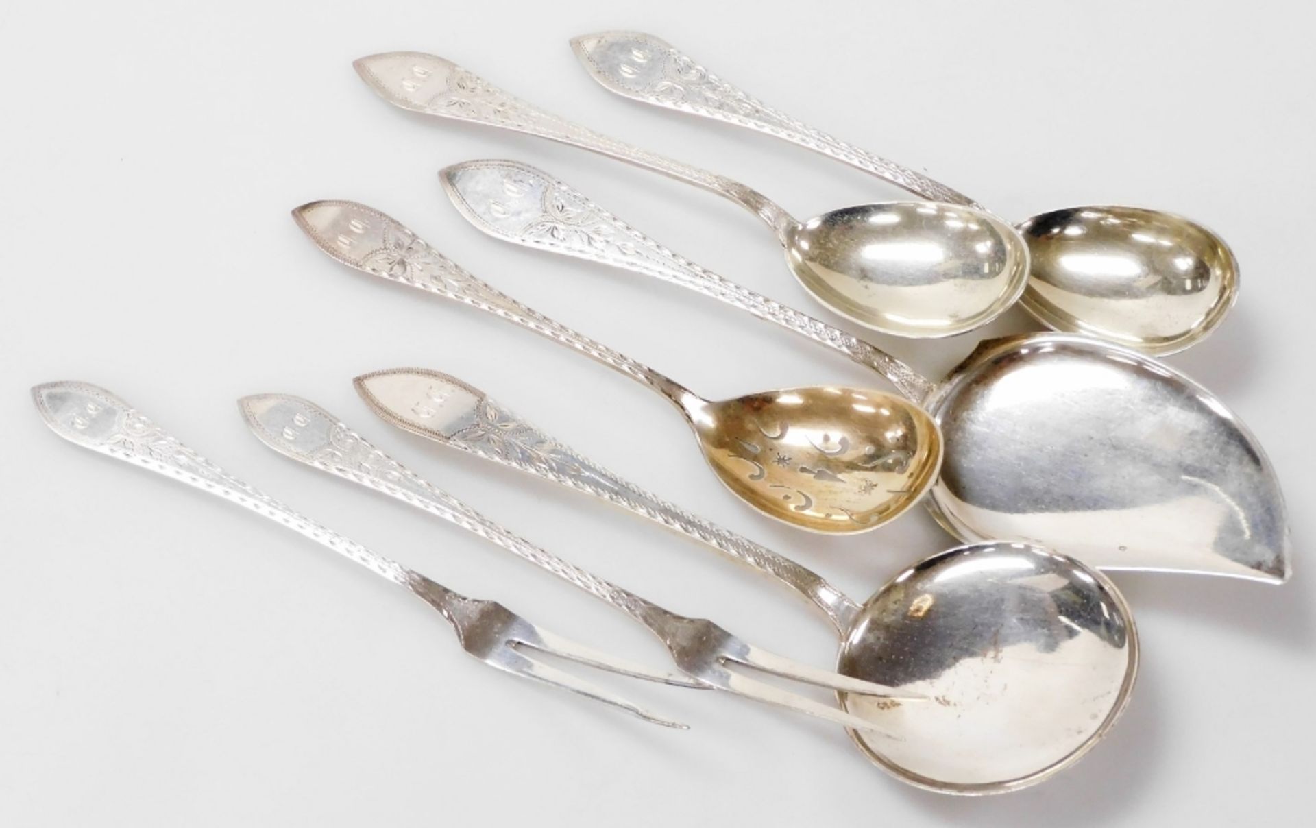 A group of Meyer Danish silver table flatware, foliate engraved, shield reserve monogram engraved, c