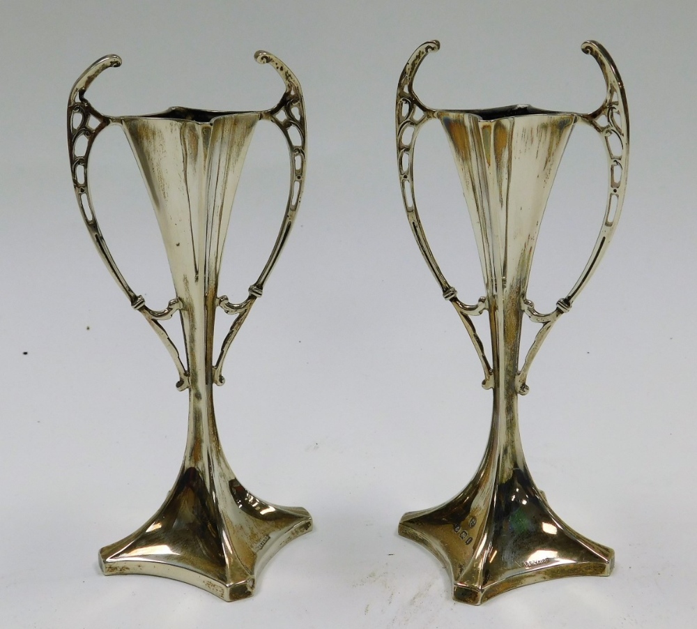 A pair of Edward VII Art Nouveau silver bud vases, of twin handled waisted form, loaded, Williams (B - Image 4 of 5