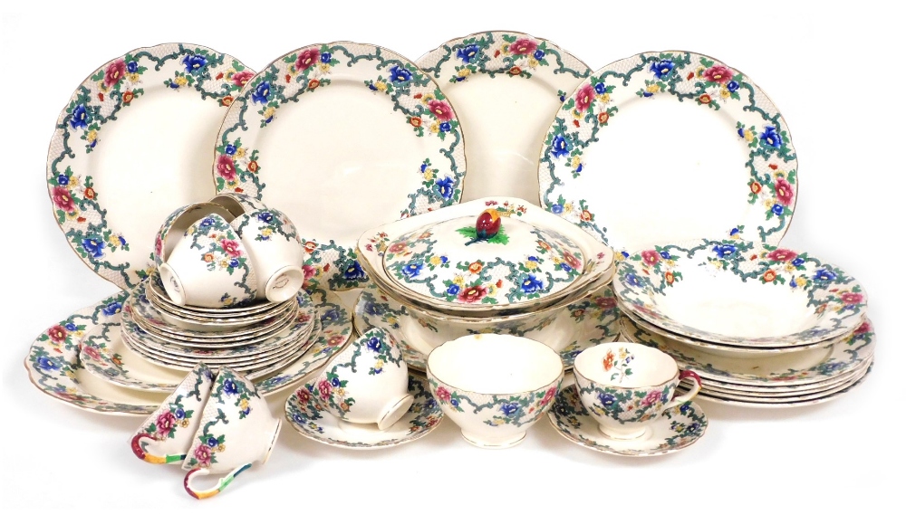 A Royal Cauldon Victoria pattern pottery part dinner and tea service, including vegetable tureens, d