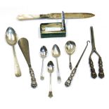 A group of small silver, to include a silver handled shoe horn, button hook and glove stretchers, si