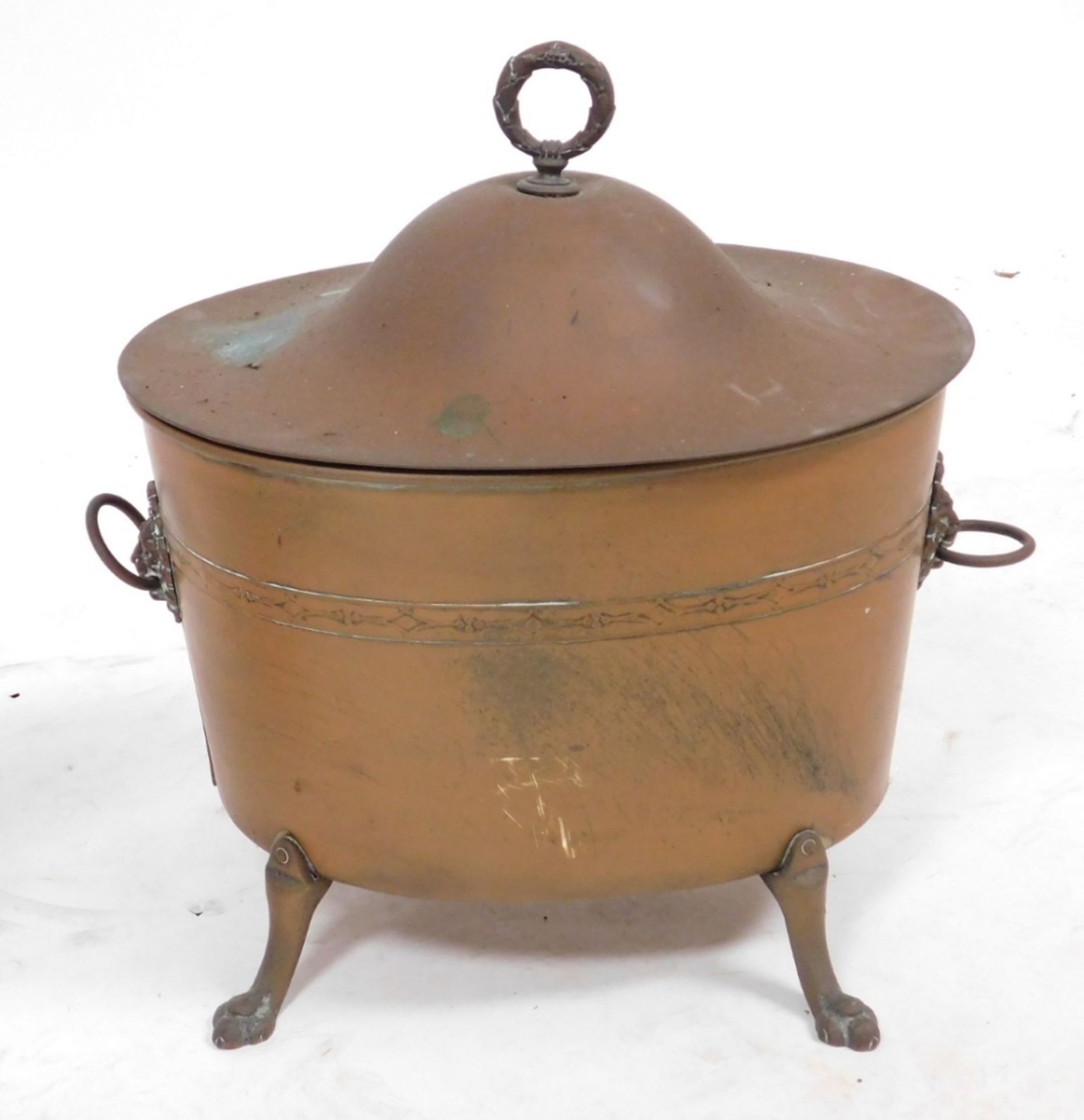 An early 20thC copper coal bucket and lid, with lead liner, 37cm wide, together with a cast iron sol - Image 2 of 4