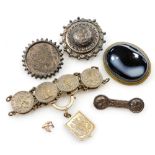 Victorian silver and costume jewellery, including a hair locket brooch, oval cabochon agate set broo