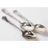Three Christian Heise Danish silver tablespoons, each with a shaped hammered handle with beaded deco