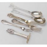 Six items of Danish silver tableware, comprising a baby's pusher with figural terminal, engraved Mar
