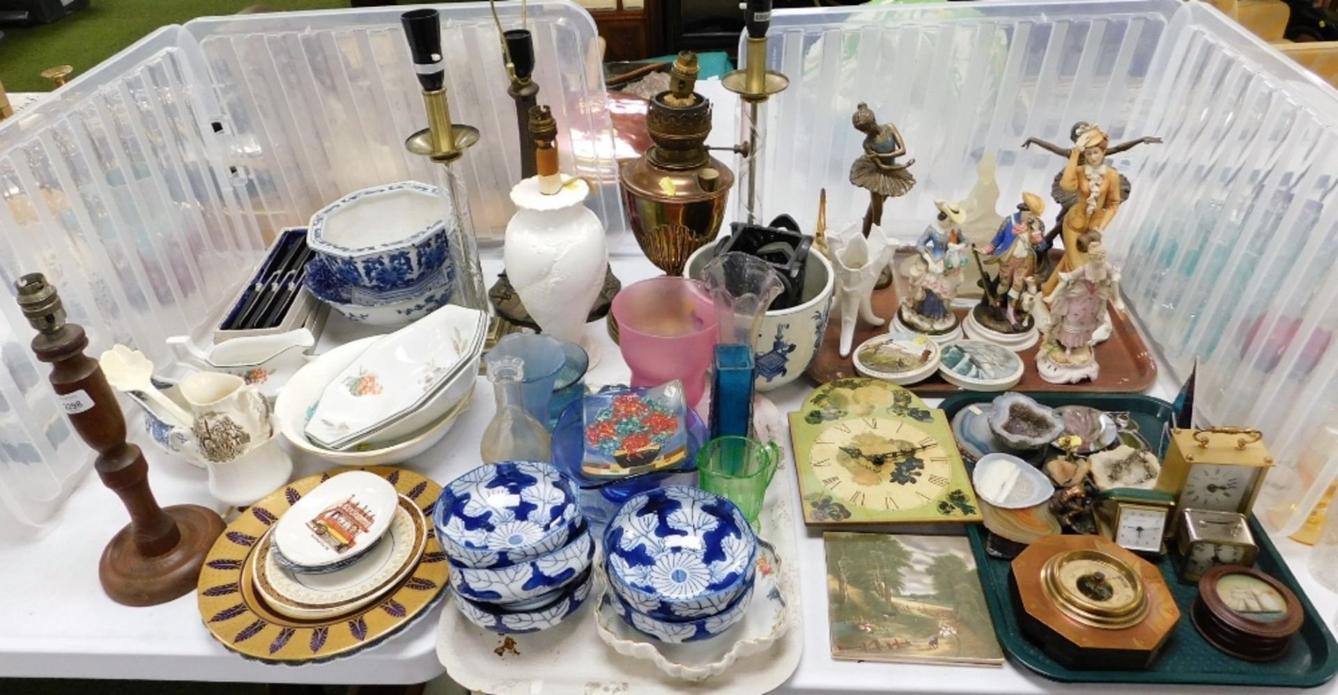Decorative household effects, to include various table lamp bases, pot lids, wall barometer, various