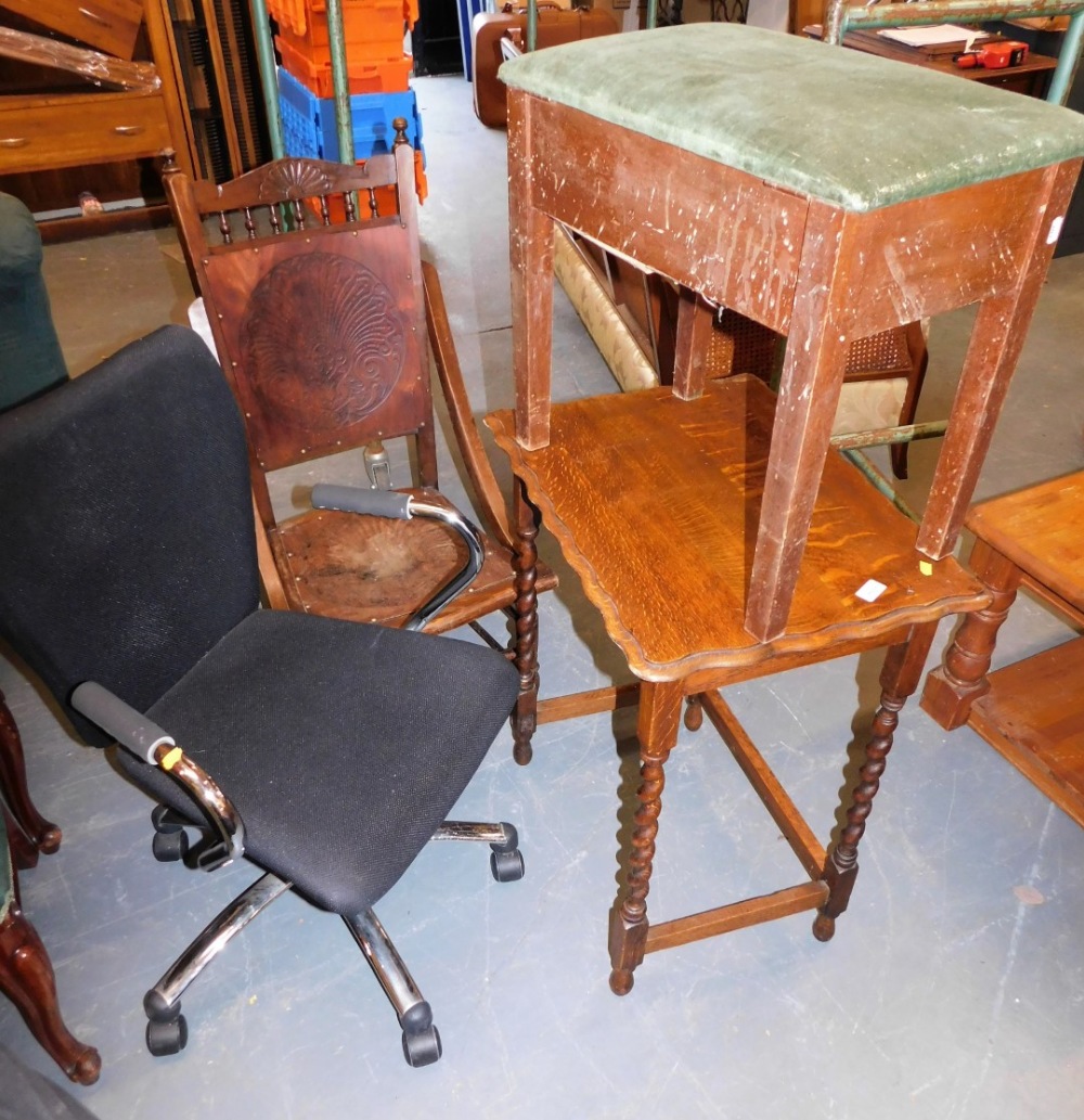 A group of furniture, to include an oak side table, stool, office chair, etc.