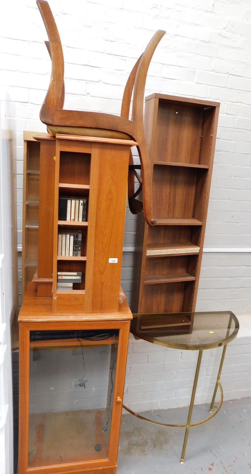 A group of furniture, to include a music cabinet containing a Kenwood turn table, open bookcases, br