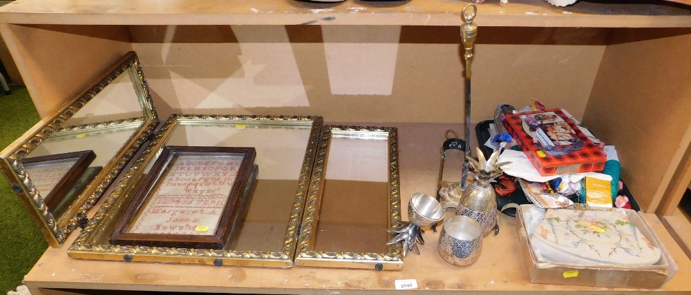 A gilt framed three fold mirror, together with an alphabetic sampler, undated, embroidered bag, habe