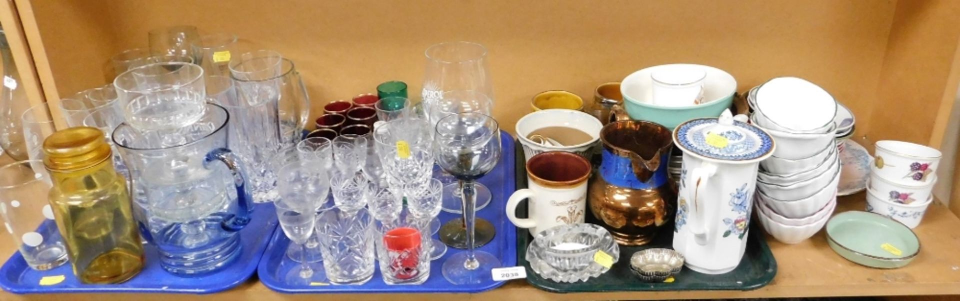 General household effects, various drinking glasses, copper lustre jug, Royal Worcester ramekins, a