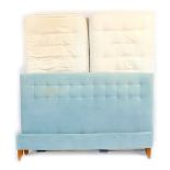 A Button and Sprung super king duck egg blue button back headboard, pair of Sleep Master Connoisseur