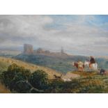 William Eden Nesfield, RA. Rural scene with figures on horseback and fortified building in backgroun