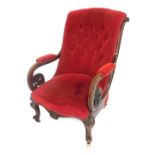 A Victorian mahogany scroll armchair, with button velvet upholstery, serpentine seat, and cabriole l