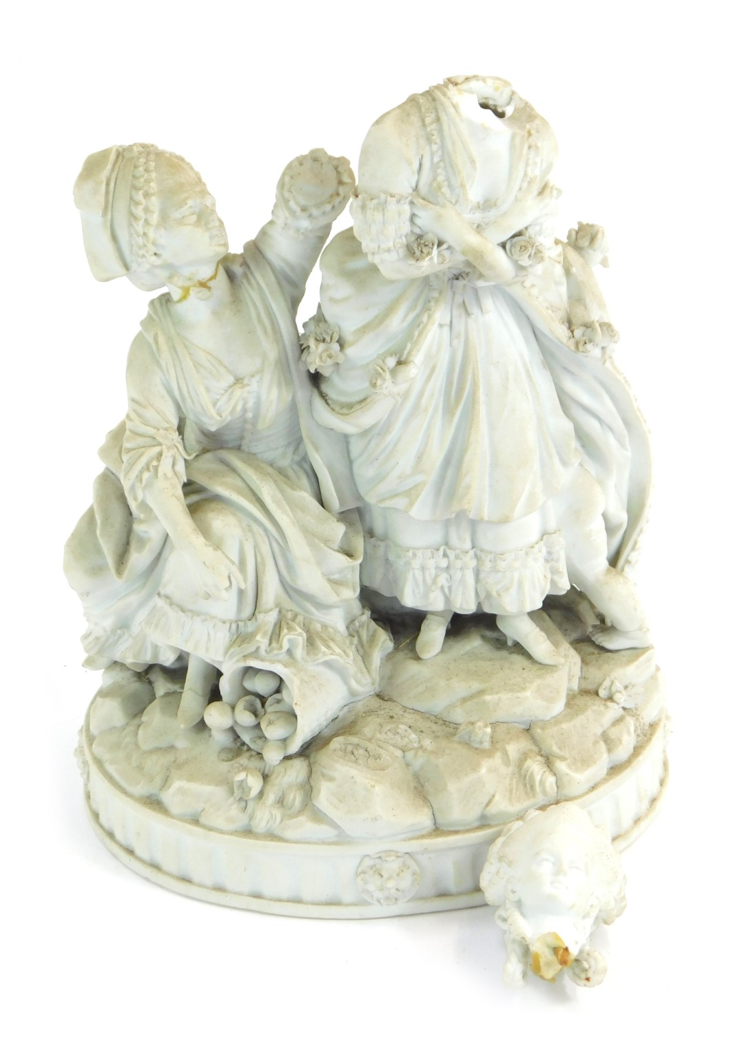 A 19thC Parian figure group, modelled in the form of two ladies, one seated beside a basket of fruit