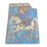 A 19thC Persian tile depicting a horseman, 22cm x 16cm. (AF)