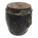 A Japanese lacquer barrel seat, with carved decoration, 42cm high.