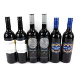 Six bottles of red wine, comprising two Eden Grove 2019 Shiraz, two Silver Root Shiraz, and two Exce