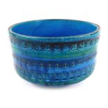An Italian Bitossi Rimini pottery bowl, on a blue and turquoise ground with carved dot and cross det
