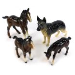 Three Beswick brown horses, and a C H Ulrica of Britas German Shepherd figure. (AF) (4)