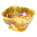 An Aynsley Orchard Gold pattern serving bowl, painted by A Jones with fruit, of square form with can