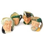 Four small Royal Doulton character jugs, comprising Robinson Crusoe, Robin Hood, The Lawyer, and Aul