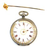 A Continental fob watch, white enamel Roman numeric dial with gold markers and gold hands, in an eng