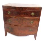 A George III flame mahogany bow front chest of three graduated drawers, with cross banded and string