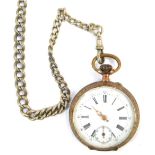 A late 19thC pocket watch, with floral engraved case, and white Roman numeric dial with seconds dial