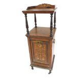 A late Victorian rosewood whatnot and purdonium, with marquetry inlaid and strung top, on turned fee