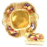 Two items of Aynsley Orchard Gold pattern wares, all painted with fruit by D Jones, comprising a rec