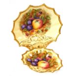 Two Aynsley Orchard Gold pattern graduated dishes, each of scallop shell form, painted with fruit by
