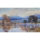 George Langley. Highland cattle beside a river, watercolour, 38cm x 54cm. (AF)