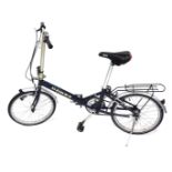 A Dawes folding bicycle, five speed, with a blue frame.