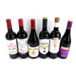 Six bottles of red wine, comprising The Great Bonza Shiraz Cabernet, The Porta Des Princess Merlot 2