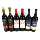 Six bottles of red wine, comprising two Reboul Salze 2020, two Aluado Alacante Bouschet Portugal 202