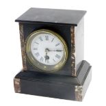 A late 19thC French black slate and marble mantel timepiece, with white enamel dial and Roman numera