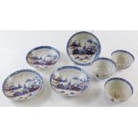 A set of three early 19thC English pearlware pottery tea bowls and four saucers, each similarly deco