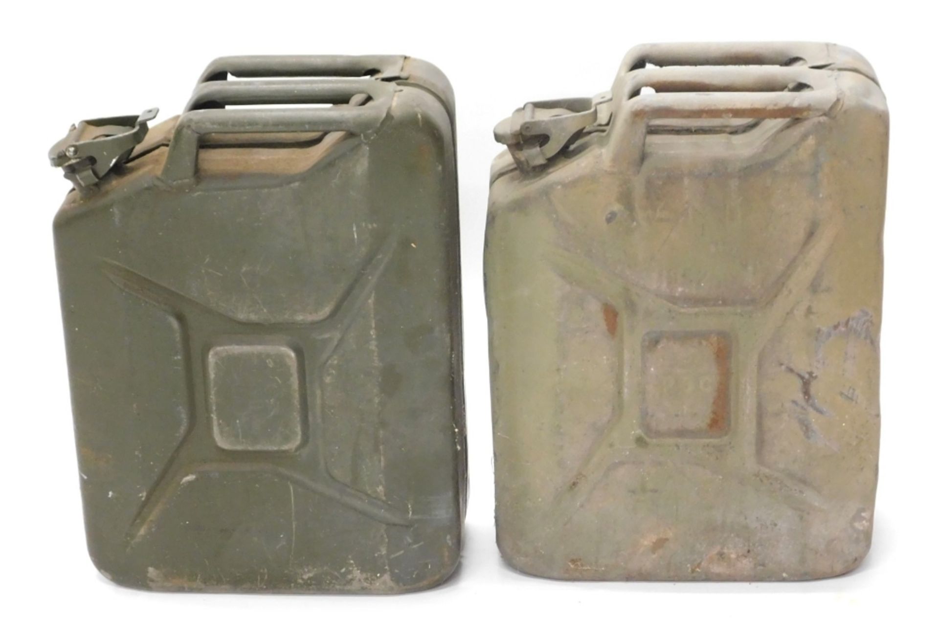 A metal fuel can, possibly military, marked 1952, in green, 47cm high, and another. (2)
