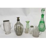 Various glassware, an inverted Haig's Dimple style decanter, etched with thistles, with plated mount