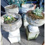 Four similar garden planters, of classical form, each on removable plinth bases.