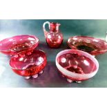 Various cranberry and ruby glassware, bowl, 14cm diameter, two various other bowls, a jug with plain