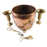 A copper jardiniere, various brassware, pair of vases. (a quantity)