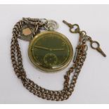 A 20thC chrome plated open faced pocket watch, with 5cm diameter black Arabic dial, with subsidiary