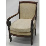 A 19thC mahogany show frame armchair, with scroll arms on inverted carved legs, with later floral up